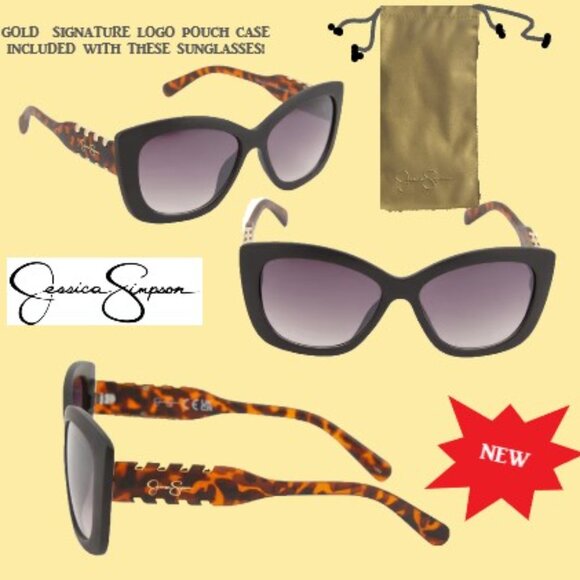JESSICA SIMPSON CAT EYES TORTOISE SHELL FRAMED SUNGLASSES & LOGO POUCH 🆕⌚📦🏃💨